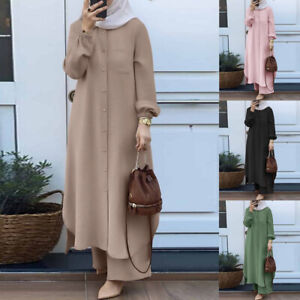 Ramadan 2PCS Women Tops Pants Sets Modest Muslim Abaya Dress Turkey Kaftan Robe
