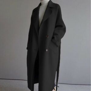 Womens Lapel Cashmere Oversize Outwear Belt Trench Wool Blend Parka Jacket Coat