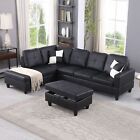 Black Faux Leather Sectional Sofa Set L-Shape Couch Living Room Modern Furniture