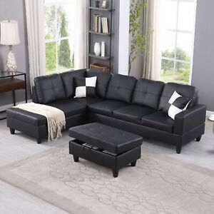 Black Faux Leather Sectional Sofa Set L-Shape Couch Living Room Modern Furniture