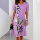 Elegant Purple Floral Crew Neck Short Sleeves Plus Size Summer Women Midi Dress