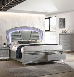Royal Classic 1pc Bedroom Silver Eastern King Size Bed w Drawer FB Padded HB LED