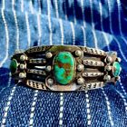 1900s Silver Hand Pulled Ingot Wire Cut Bezels Beveled Turquoise Cuff Bracelet
