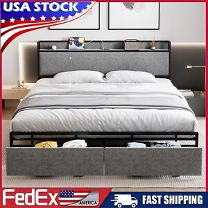 Full Queen Size Bed Frame Upholstered Headboard Storage Drawers Charging Station