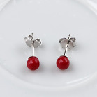 Handmade Red Coral 4mm Small Round Ball Stud Earrings in Solid Sterling Sliver