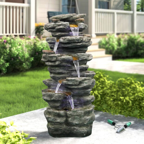 Tranquil Garden Waterfall Fountain Eco-friendly Resin Ornaments With Led Light