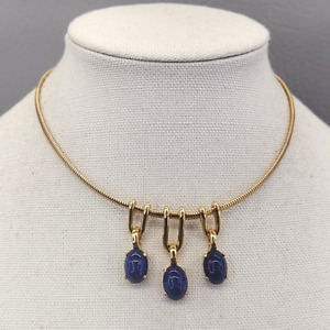 Jomaz Necklace Vtg Blue Art Glass Oval Drops Gold Tone Specs Collar Chain 15.25