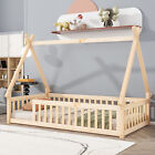 Twin Size Tent-shaped Floor Bed Frame with Guardrails & Door for Kids