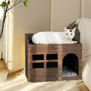 Wooden Cat House Puppy Cat Shelter with Soft Cushion Indoor Outdoor Kitty Condo
