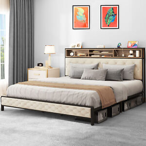 TAUS King Size Bed Frame with Upholstered Storage Headboard + Charging Station