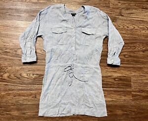 Theory Womens Linen Blend 1/2 Button T-Shirt Blue Pocket Dress Long Sleeve Sz S