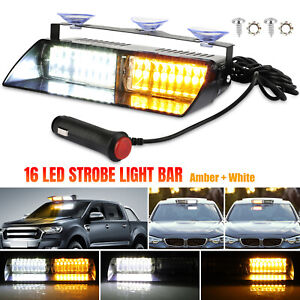 Amber/White 16 LED Windshield Dash Strobe Light Bar Car Truck Warning Flash Lamp