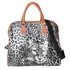 Black White Faux Leather Leopard Pattern Duffel Bag Detachable Shoulder Strap