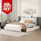 Queen Bed Frame with LED Headboard, Upholstered Bed with 4 Storage Drawers+USB