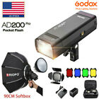 US Godox AD200pro 2.4G TTL Speedlite Flash Strobe+90cm Softbox+BD-07 Barn Door