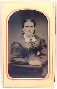 Antique Tintype Photo Woman Victorian Dress Seating Bow Stern Face Tinted Blush!