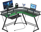 L Shaped Gaming Desk with LED Lights and Power Outlet, Computer Desk with Monito