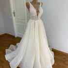 Sexy V-Neck Lace Beads Wedding Dresses Shiny Tulle A Line Sleeveless Bridal Gown