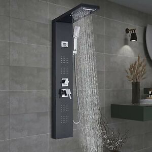 Stainless Steel Black Shower Panel Tower System Massage Body Jet Rain&Waterfall