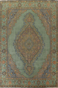 Vintage Green Over-Dyed Tebriz Area Rug 10x13 Wool Hand-knotted Room Size Carpet