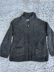 World of Wool Sweater Mens Medium Gray Hand Knit Fishermans Cable Knit Cardigan