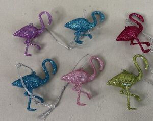 Flamingo Birds Set Of 6 Neon Mini Ornaments Glitter Christmas Holiday NEW