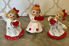 Vintage Lefton Valentine Girls Holding Heart 376 +7699 Figurine Japan Set Of 3