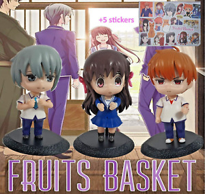 Anime Fruits Basket 3 figure set :  Yuki , Tohru  & Kyo Sohma + 5 stickers