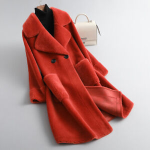 Winter Womens Jacket 100% Wool Fur Shearling Wool Warm Parka Button Overcoat New
