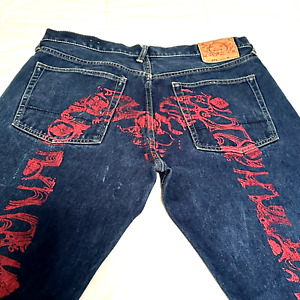 EVISU Red Floral Print Seagull Blue Jeans Size 36W x 32L CHINA LOT 0001