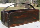 Vtg Wood Wooden Tote Tool Garden Box Caddy Finger Joint Primitive Leather Handle