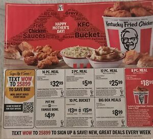 75 KFC COUPONS. 5 SHEETS Of 15 Each.  NEW - Exp. 6/22/24 Kentucky Fried Chicken