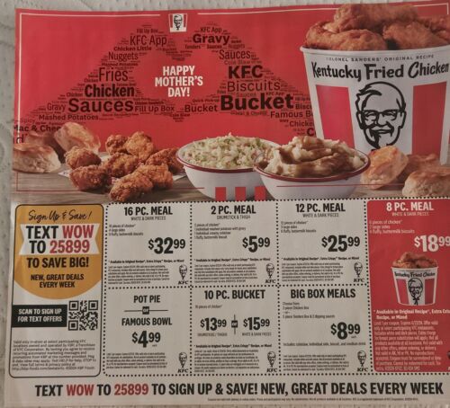 75 KFC COUPONS. 5 SHEETS Of 15 Each.  Exp. 6/22/24 Kentucky Fried Chicken. LOT 2