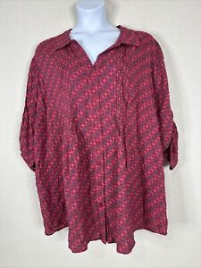 Woman Within Plus Size 3X (30/32) Pink Mosaic Button Up Shirt 3/4 Roll Sleeve