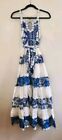NWT Farm Rio FLORAL EYELET MAXI DRESS in blue/white Sz S MSRP $300