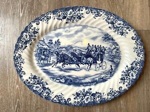 Vintage Johnson Brothers Coaching Scenes Ironstone Oval Platter 14” Blue & White