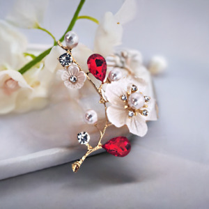 Red Cherry Blossom Pearl Rhinestone Luxury Brooch Pin - Leather Jewelry Pouch