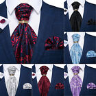 Mens Silk Ascot Cravat Vintage Tie Jacquard Floral Paisley Hanky Cufflinks Ring