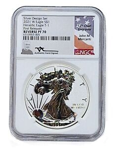 2021 W REVERSE PROOF SILVER EAGLE SILVER DESIGN SET 🗽 MERCANTI SIGNED👌NGC PF70