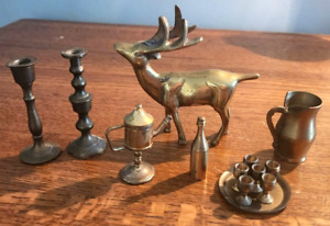 Lot of 13 Miniature Vintage Brass Dollhouse Candlesticks-Wine & Goblets-pitcher