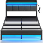 Rolanstar Queen Bed Frame with LED Lights, Upholstered Headboard, Charging Stati