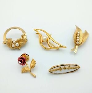 Lot Vintage Gold Tone Brooches Pins with Sarah Coventry Napier Guilloche Enamel