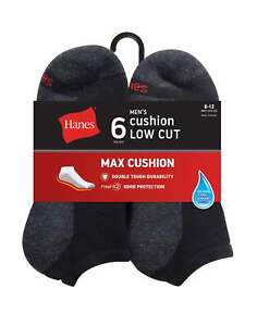 Hanes Low Cut 6-Pack Socks Mens Max Cushion Breathable Wicking Cool Comfort 6-12