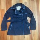 Coach Women's Navy Blue Leather Trim Short Trench Coat Jacket XS