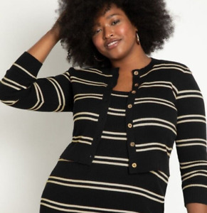 Eloquii 22/24 Crop Cardigan Sweater Stretch Black Striped Long Sleeve Button Up