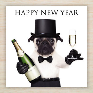 Pug Happy New Year 2024 Card & Packs - Celebrations Champagne Pug Dog & Freepost