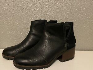 SOREL Women’s Cate cut out booties black leather block heel suede size 9