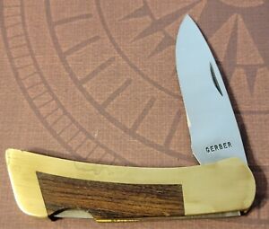 Gerber Knife USA Lockback Brass Handle W/Wood Inlay Vintage Folder