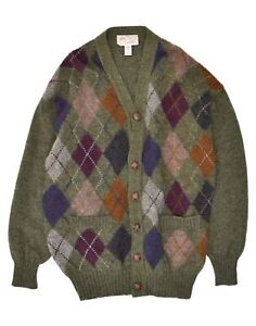 RIFLE Mens Cardigan Sweater Large Khaki Argyle/Diamond Wool AE04