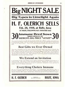 1918 American Swineherd Hog Sale Ads ~ Olerich in Rolfe &  Steward in Ames IA